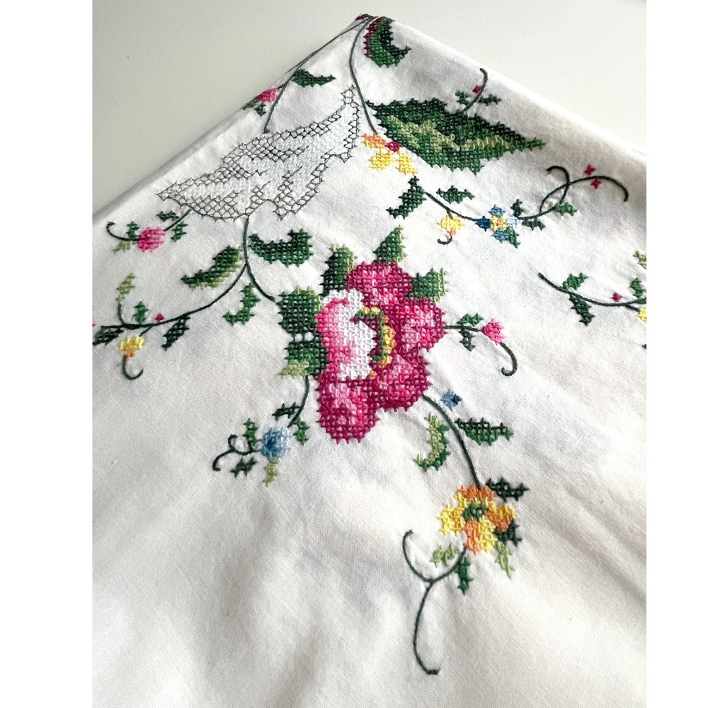 Vintage Hand Embroidered Cross Stitch Floral Tablecloth White Square 48x50 - Picture 8 of 10